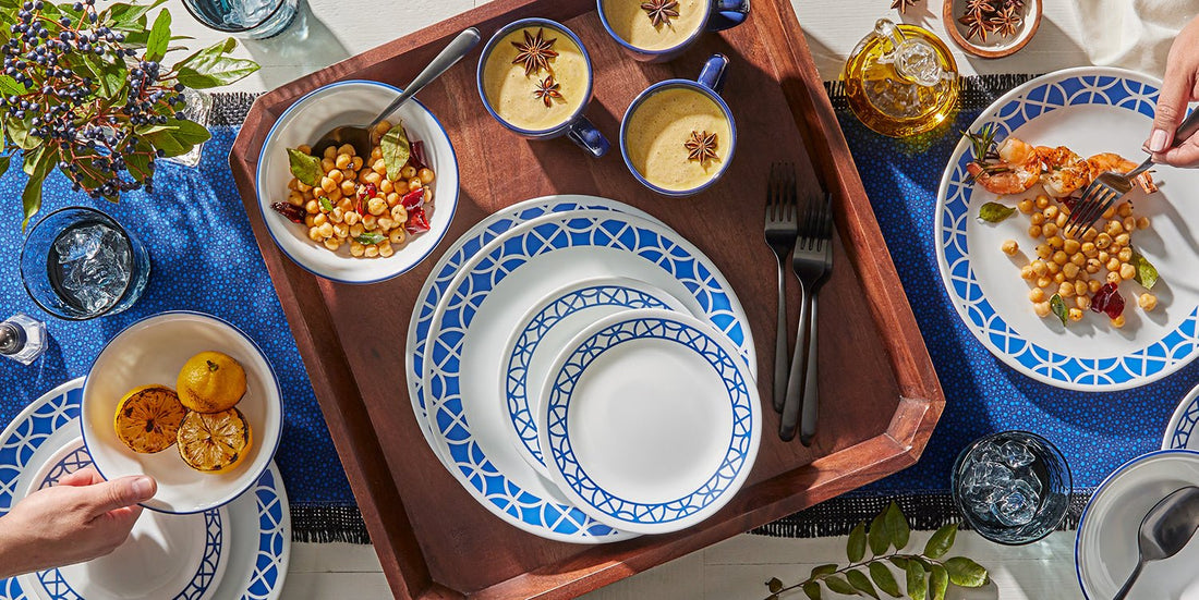 Corelle dishes on a table with food