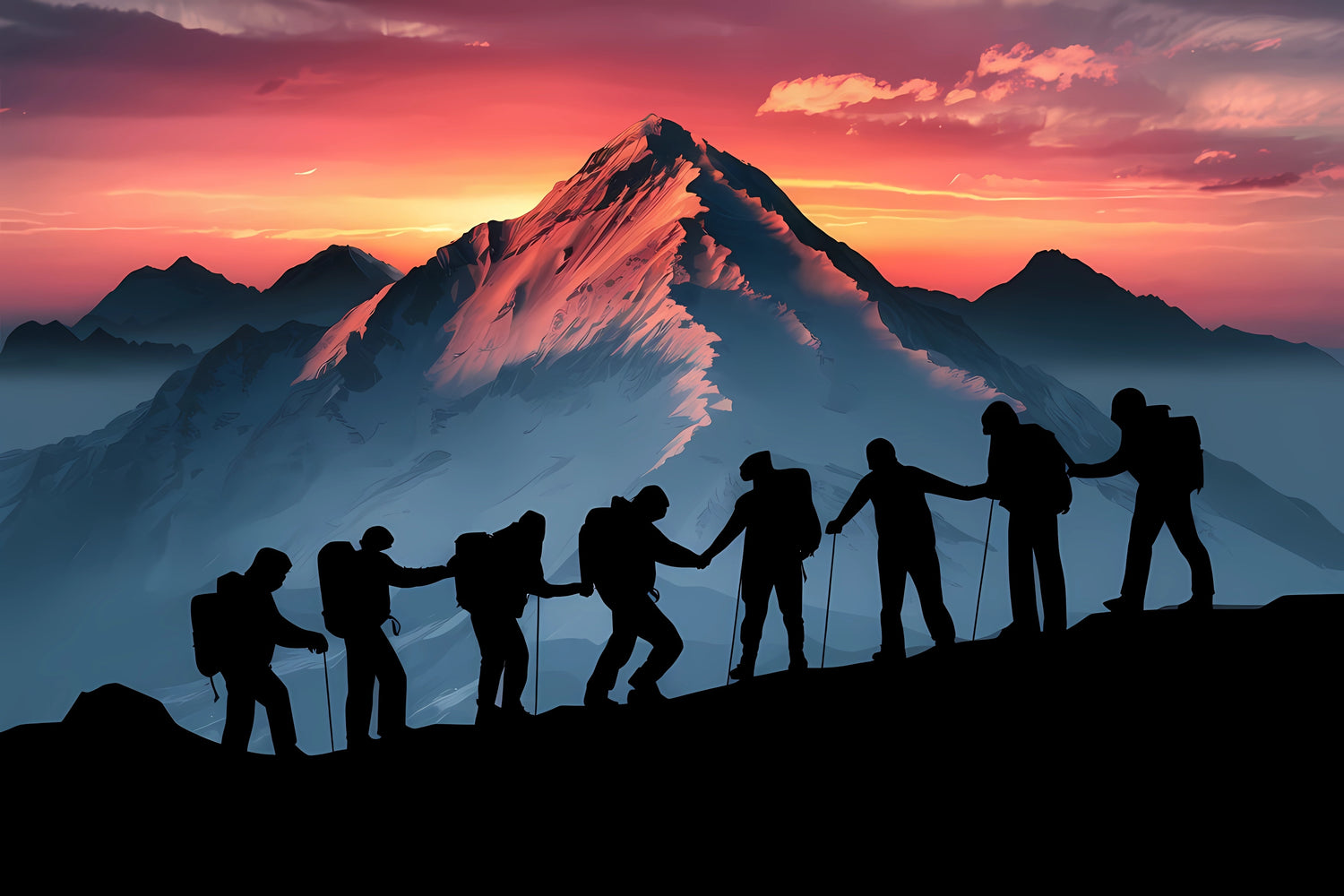 people climbing a mountain at sunrise