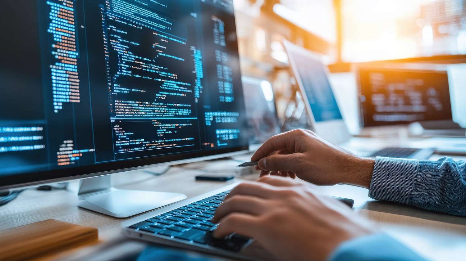Person coding on a computer with multiple screens in a bright office setting