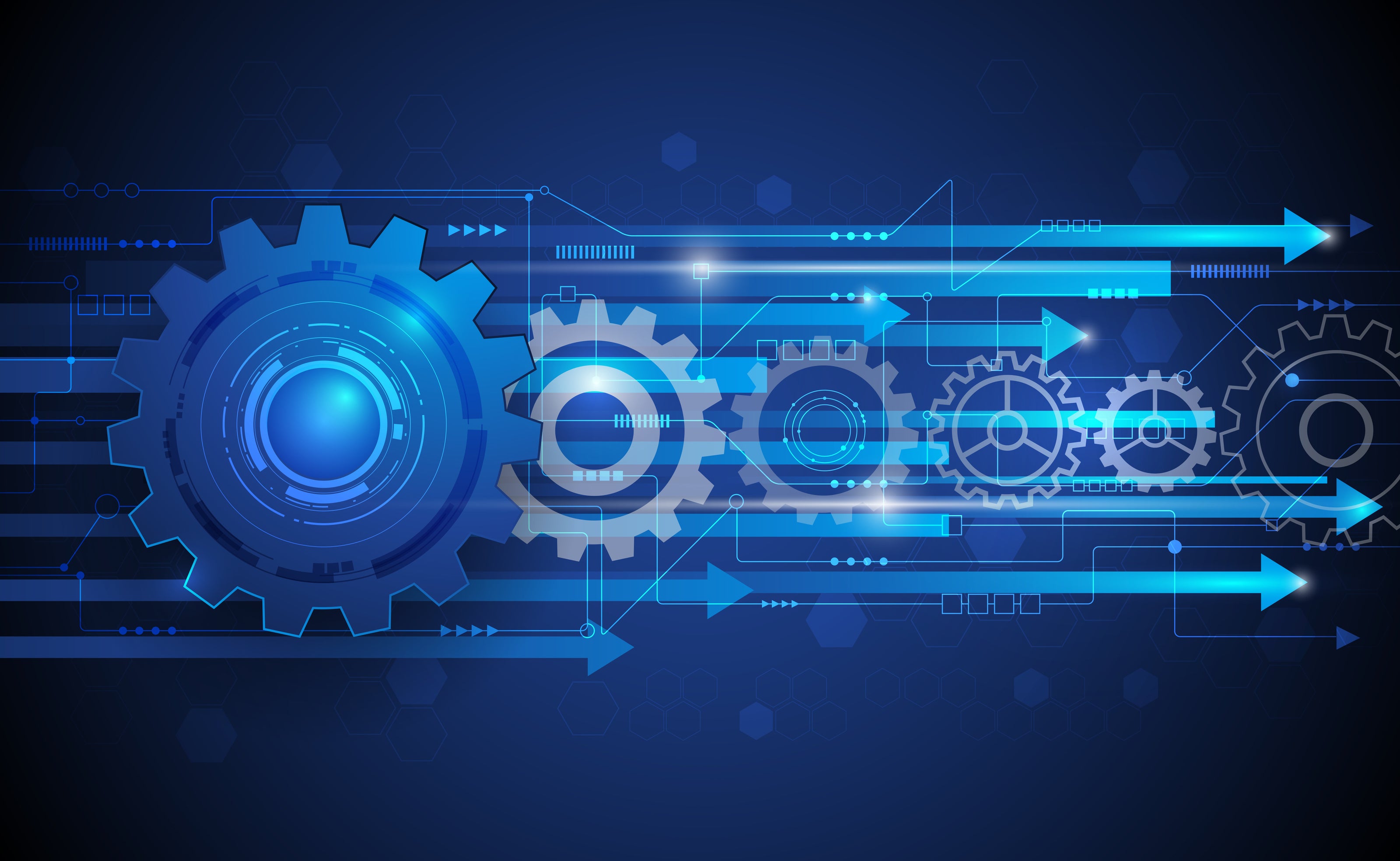 Blue gears and technological elements on a dark blue background