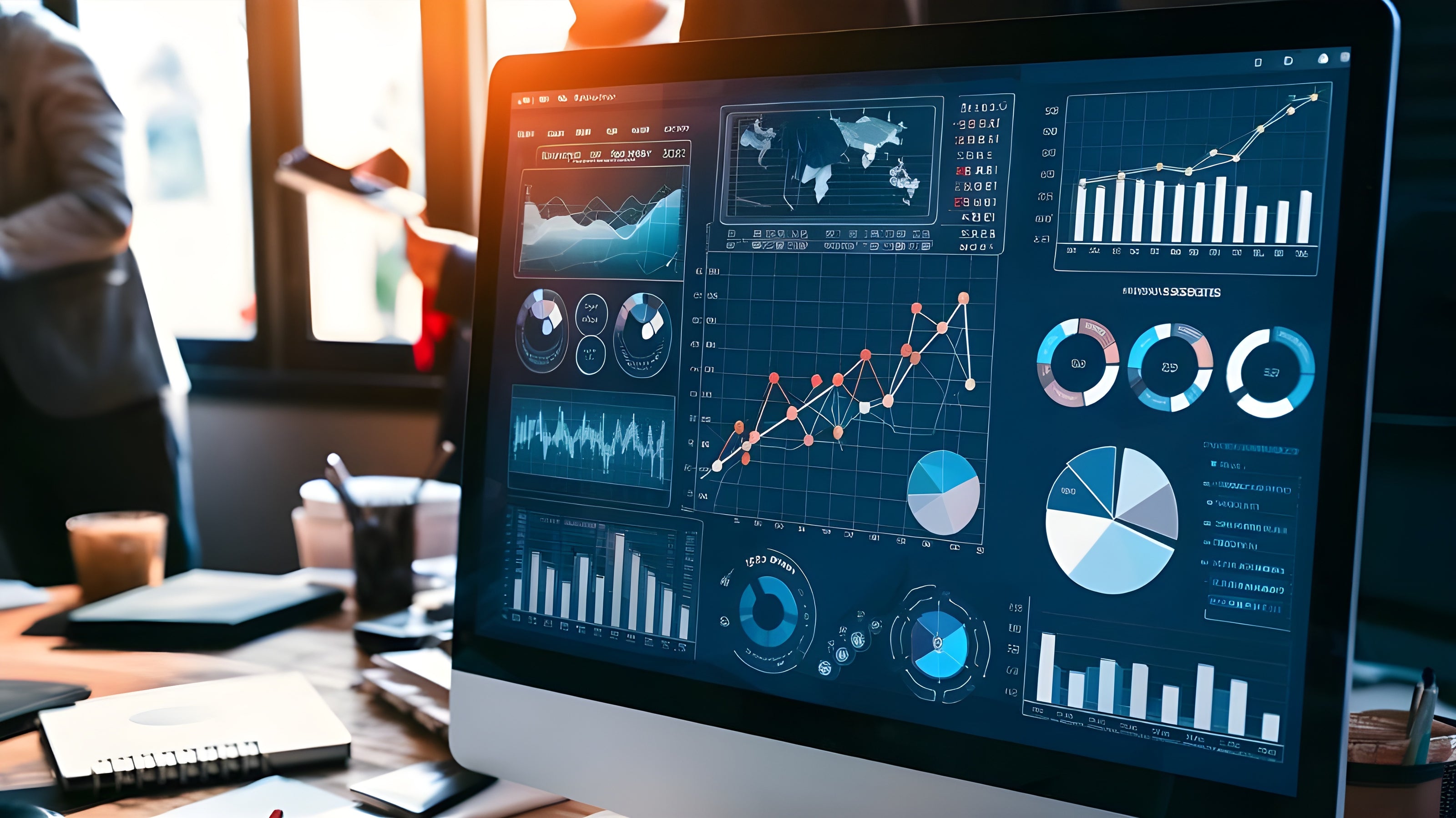 Computer screen with analytics, charts and graphs